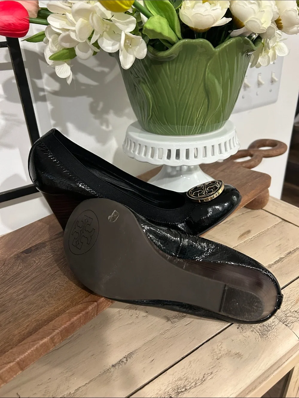 Tory Burch Black Patent Wedge Flats with Gold Logo Medallion